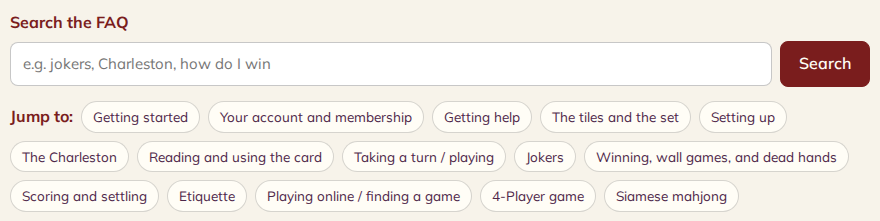 The top of the FAQ page: a "Search the FAQ" box with a Search button, and below it a "Jump to" strip of links, one per FAQ section.